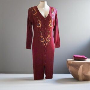 Carole Little Long knit sweater dress. Embroidered detail on front and buttons